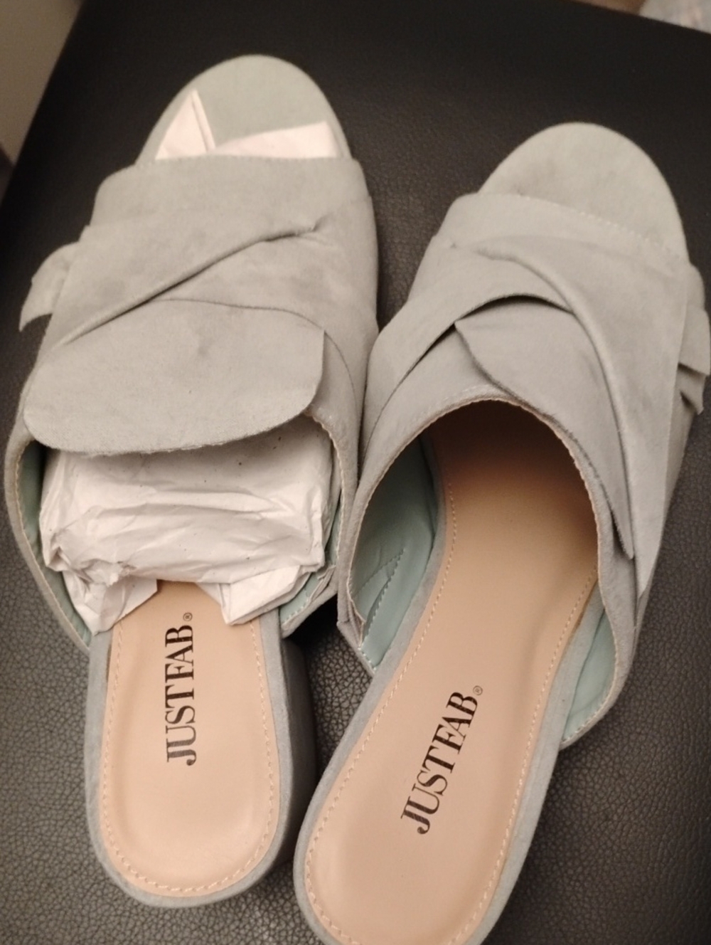 JustFab Light Gray Suede Crisscross Slide Mules